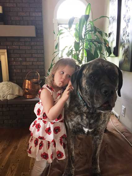 A little girl hugging a daisy dog in 2016