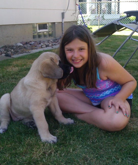 A little girl playing with her dog dakota