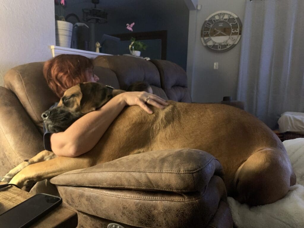 A woman is hugging her dog on the couch